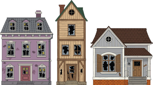 Abandoned haunted house vector set with broken windows, damaged walls, and spooky old building designs