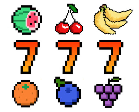 8-bit pixel art slot machine symbols with fruits and lucky seven icons for retro casino game assets vector graphic design