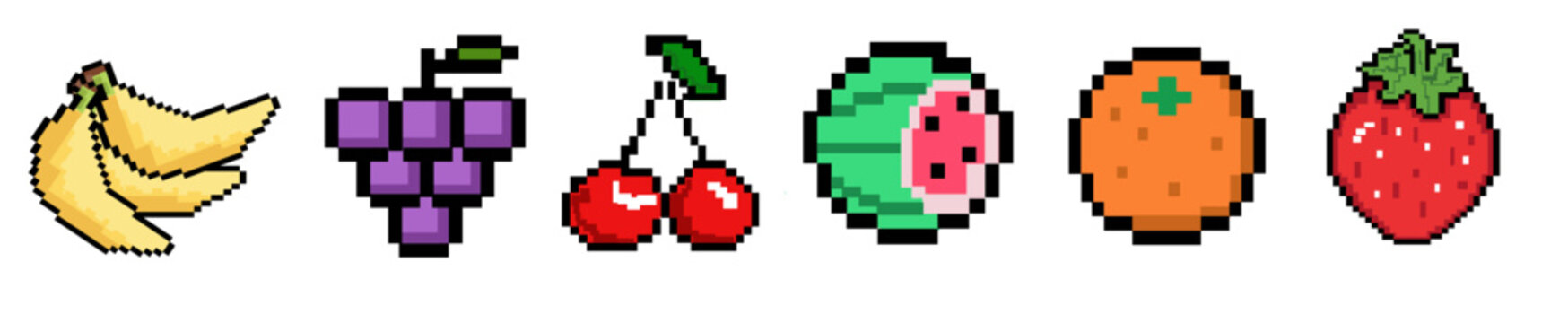 Banner Fruits Set Retro 8-bit icons with banana, grape, cherry, watermelon, orange, and strawberry, vector graphic design