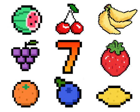 8-bit pixel art slot machine symbols with fruits and lucky seven icons for retro casino game assets vector graphic design