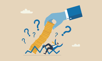 Fototapeta premium Investment risk, market volatility, unstable and uncertainty concept, giant hand pull back money from coin stack causing investor to fall down