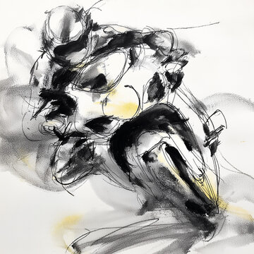 Abstrakte Tuschezeichnung eines Motorradrennens &ndash; dynamische Kunst, Geschwindigkeit, Motorsport, Bewegung und expressive Illustration in modernem Stil mit Copyspace
