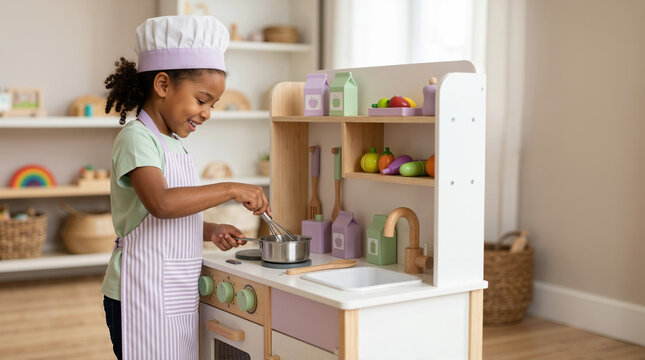Young girl pretending to be a chef in a toy kitchen. Little child wearing a chef hat and apron playing with wooden cookware. Imagination and roleplay concept