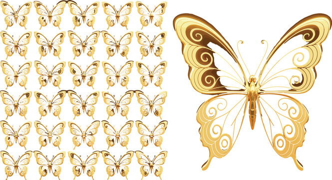 Set of golden butterflies isolated on white background