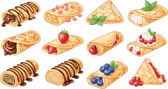 Assorted sweet crepe dessert vector set with chocolate, berries, cream, and folded pancake fillings