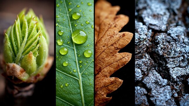 Seasonal nature textures in macro quadrants with bud, water droplet leaf, autumn leaf, frosty bark