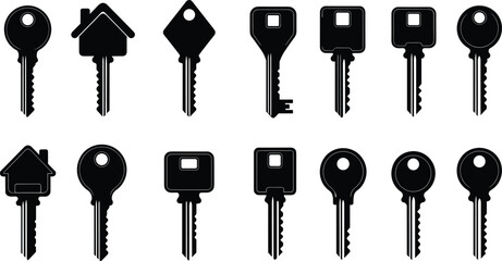 Black key silhouette vector set with various house, round, and square shapes for security design © Prodip