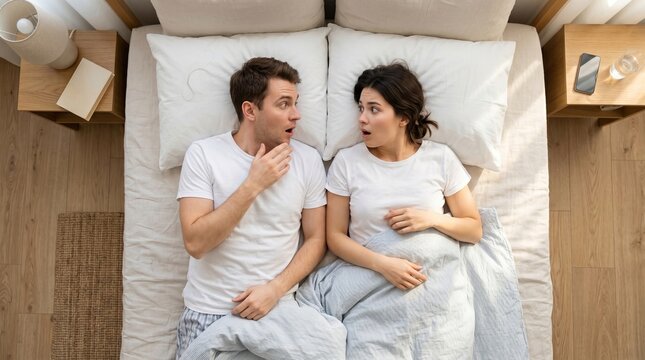 Shocked young couple lying in bed reacting with surprise during awkward relationship or lifestyle moment