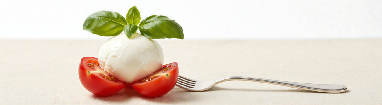 juicy red cherry tomato halved lengthwise plump white mozzarella cheese sphere emerald green basil leaf perched atop slender polished