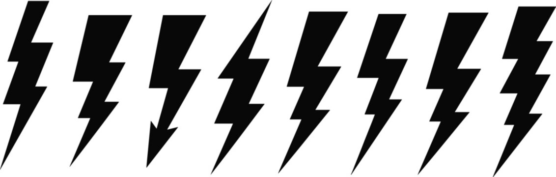 Black lightning bolt silhouette vector set with sharp thunder shapes for energy, electricity, and storm design