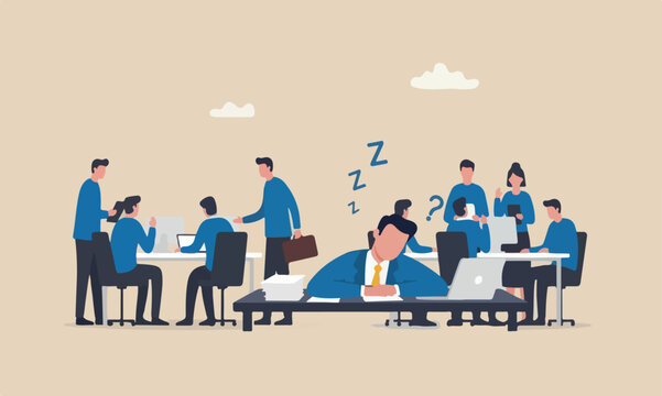 Quiet quitting together boredom, exhaustion or burn out from hard work without recognition concept, unhappy businessman sleeping while working at busy workplace