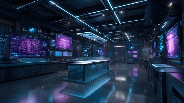 A futuristic interior space illuminated by vibrant neon lights and flowing streams of digital binary code