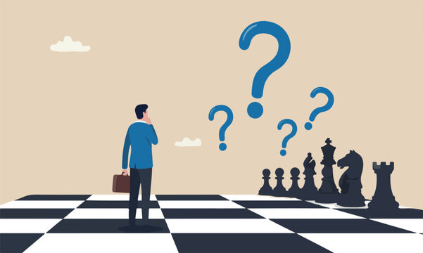 Decision making in business strategy concept, brave miniature figure businessman thinking and standing on chessboard looking at black chess enemy in far background