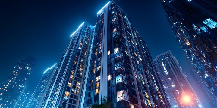 High Rise Residential Skyscraper Nighttime Sparkling Neon City Light Glows Dark Background High Rise Building Window Glazed Facade Low Angle Nighttime Street Light Glow Glowing Lights of City Street