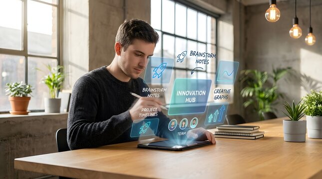 man using a tablet with holographic interface displaying project timelines and brainstorm notes