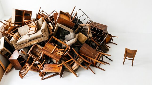 Large pile of discarded wooden furniture and sofa. Concept of excessive consumption and waste. Heap of old household belongings for disposal representing unsustainable lifestyle habits.