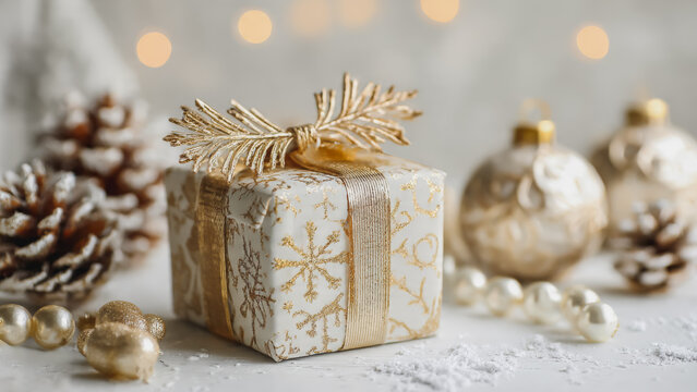 elegant christmas gift box wrapped in white and gold with snowflake patterns, decorated with golden branch ribbon, festive winter background with pine cones, ornaments, and bokeh lights.