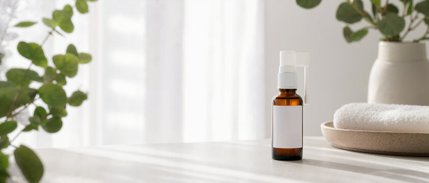 Amber glass spray bottle with blank label for medicine or wellness. Natural throat spray mockup on a white table with eucalyptus. Minimalist health and pharmacy concept