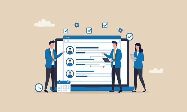 Task management software to organize project tasks, assign staff to finish work on schedule, project plan or efficiency work concept, business people team manage tasks assignment on computer laptop