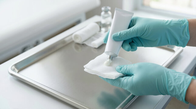 Medical professional applying ointment to a gauze pad. Wound care and topical treatment preparation in a clinical setting. Hands in surgical gloves with medicine tube