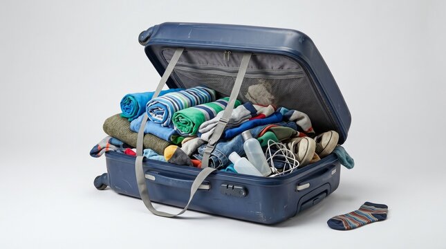 Suitcase overflowing with clothing and belongings. Overpacked luggage representing excessive consumption and consumerism. Concept of travel preparation and disorganization of packed items.