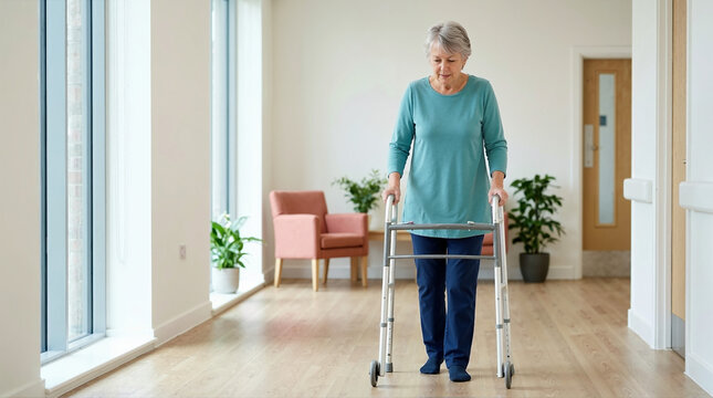 Senior woman using a walking frame in a hospital corridor. Elderly patient recovering with a mobility aid. Rehabilitation and geriatric care concept