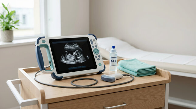 Portable ultrasound machine on a medical cart in a clinic. Diagnostic imaging device showing a fetal sonogram. Obstetric healthcare equipment for prenatal checkup