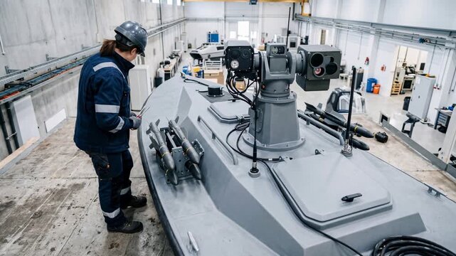 A worker is checking and preparing military equipment of drone boat water type unmanned vehicle in a factory. Tools and machines are in use