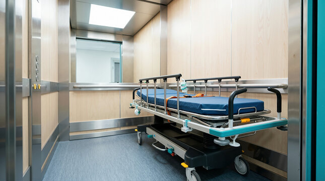 Empty medical stretcher inside a hospital elevator. Professional gurney for patient transport in a clinic. Healthcare facility interior with lift and corridor