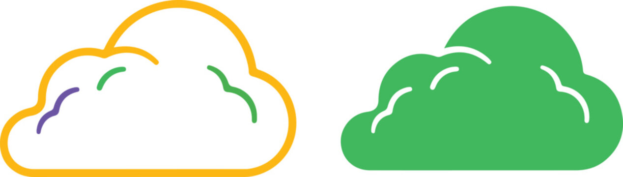 Minimalist cloud vector icon with outlines and solid green shape for nature atmosphere weather backdrop set collection isolated on transparency background.