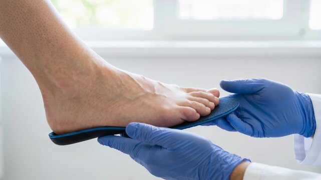 A foot assessment takes place in a clinic. A person has their foot measured and examined by a healthcare professional. The focus is on fitting a custom insole for better support