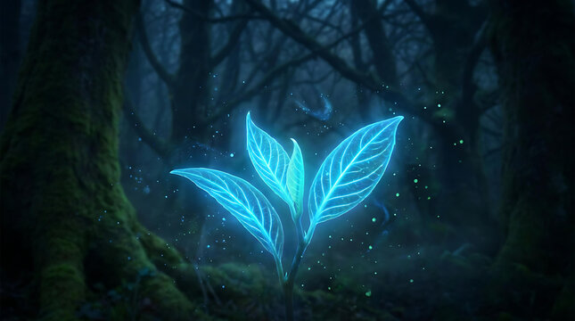 Glowing Blue Fantasy Leaves in Dark Mystical Forest