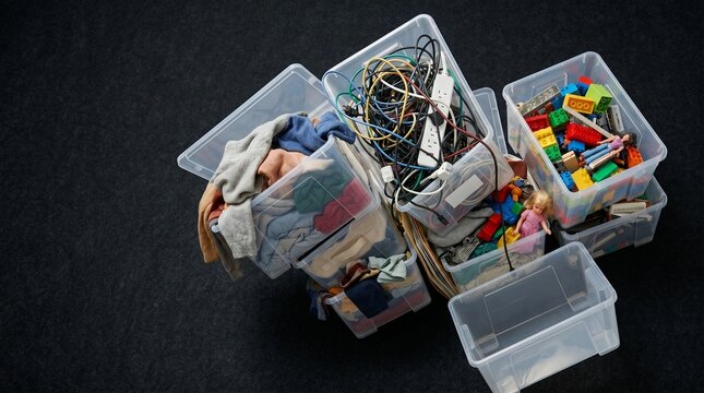Plastic storage bins filled with clutter on dark background. Concept of overconsumption and household mess. Excessive possession of clothing, toy, and electronic cable waste.
