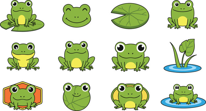 Cute Frog Cartoon Character and Lily Pad Vector Set Isolated on White