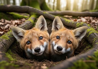 Naklejka premium Two young red fox cubs peeking out of dark dirt burrow between mossy tree roots in forest