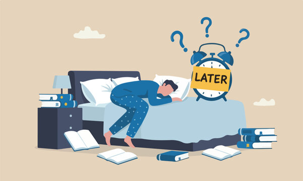 Procrastination,big tomorrow, unproductive and excuse concept, lazy man sleeping with no clue to wake up with big sticky note written the word later on alarm clock