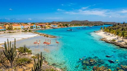 Naklejka premium Vibrant Caribbean coastal town with colorful buildings, clear turquoise waters, flamingos wading in salt pans, divers exploring coral reefs, and sailboats docked under bright blue sky, showcasing dive