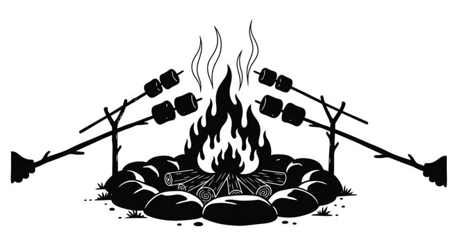 Campfire cooking illustration with skewered marshmallows and roasting sticks