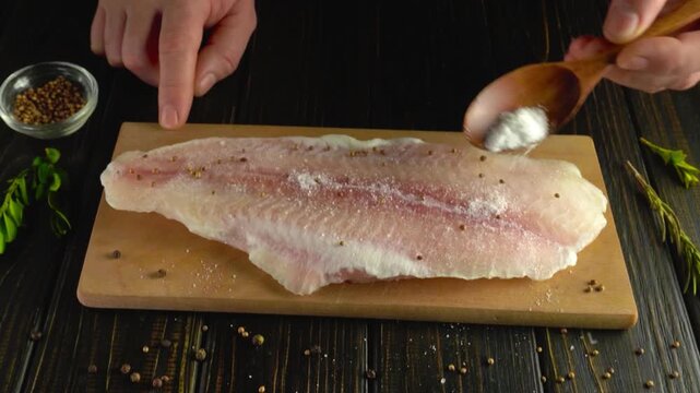 Hands sprinkle salt on fish fillet with spices on wooden cutting board, fresh herbs and peppercorns arranged around in a kitchen setting