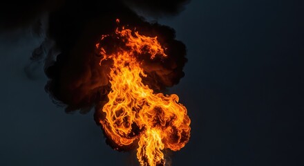 Fototapeta premium Close-up slow motion shot of a burning petroleum stream creates an inferno of abstract fire textures, orange flames, and thick black smoke, flame, discharge, vivid