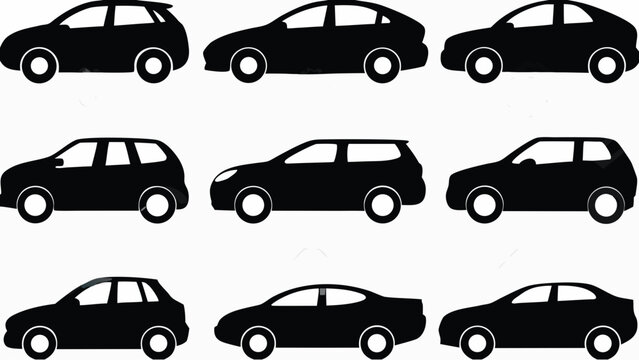 Various cars silhouettes in different models and angles on transparent background