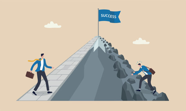success to reach business goal concept, businessmen compete easy and hard way to climb mountain