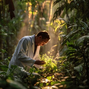 Mysterious enigmatic scientist wearing modern white lab coat carefully collecting plant sample Amazon dense lush rainforest dawn under sharp natural morning light highlighting sense of scientific