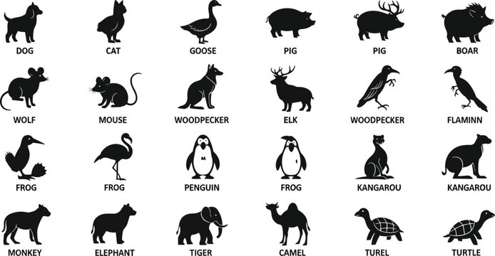 Animal Silhouette Vector Collection Featuring Domestic, Wild, and Exotic Species Including Dog, Cat, Elephant, Tiger, and Penguin