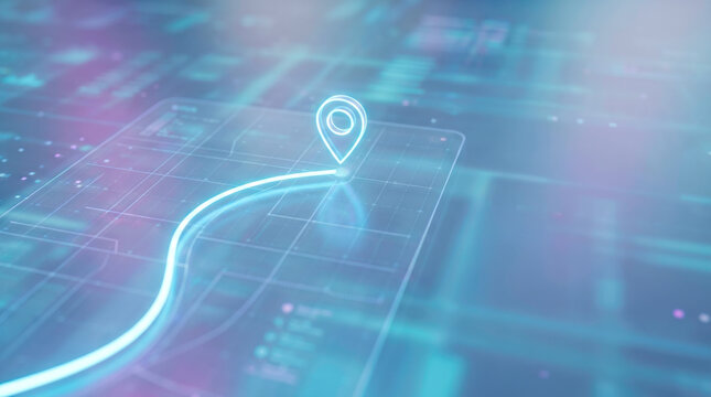 A digital map appears with a route highlighted and a location marker. The design uses blue and purple colors, representing a technology and navigation theme in a modern setting