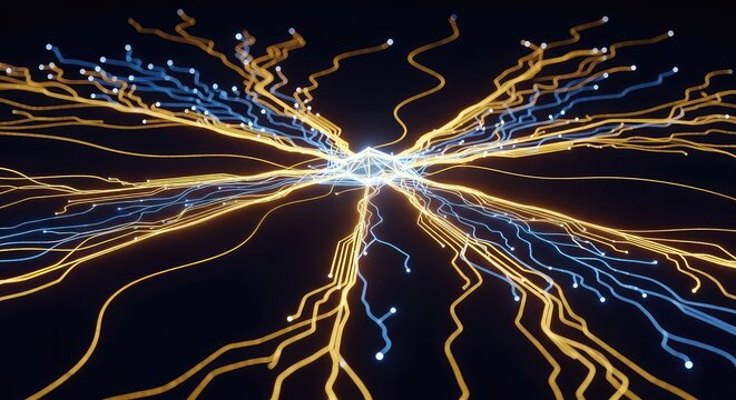 Glowing golden and blue lines branch out across a dark digital space, merging into complex nodes to show technology growth and expansion, branching, pattern, progress