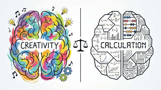 Brain divided into creativity and calculation sides.