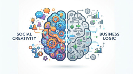 Brain divided into social creativity and business logic with icons. © Xutla