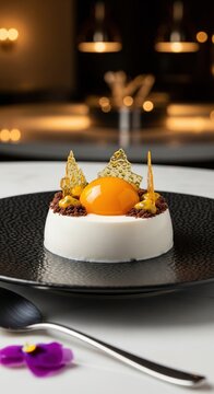 Molecular gastronomy dessert with orange sphere on white mousse base on black textured plate