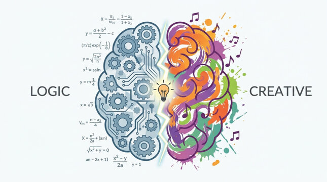 Brain divided into logical and creative hemispheres with symbols.